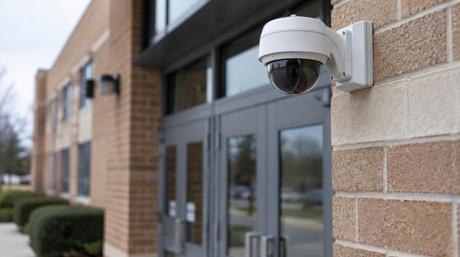 Security camera mounted on a wall above double glass entry doors.