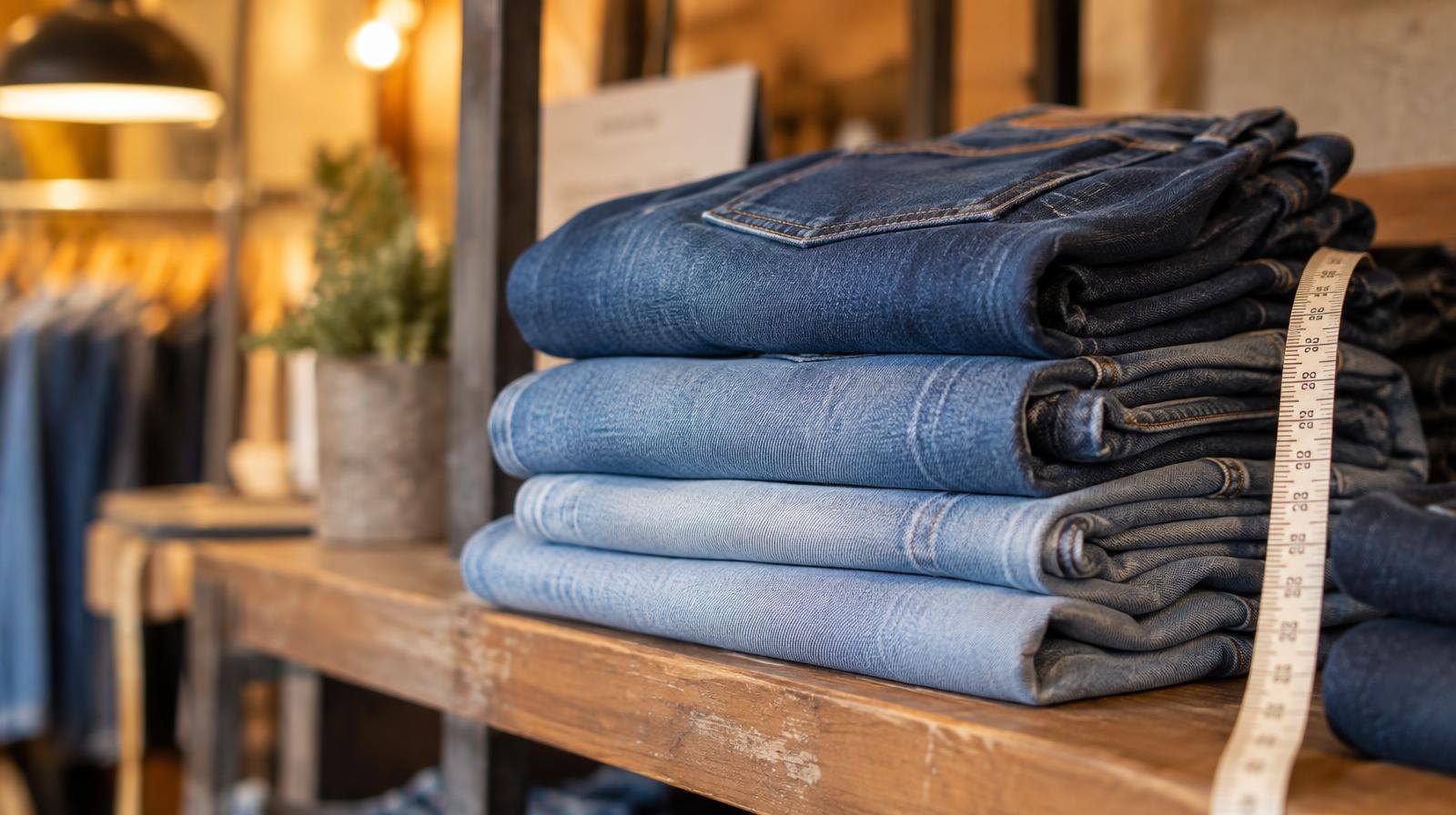 Stacked folded denim jeans in shades of blue on a wooden shelf with a measuring tape.