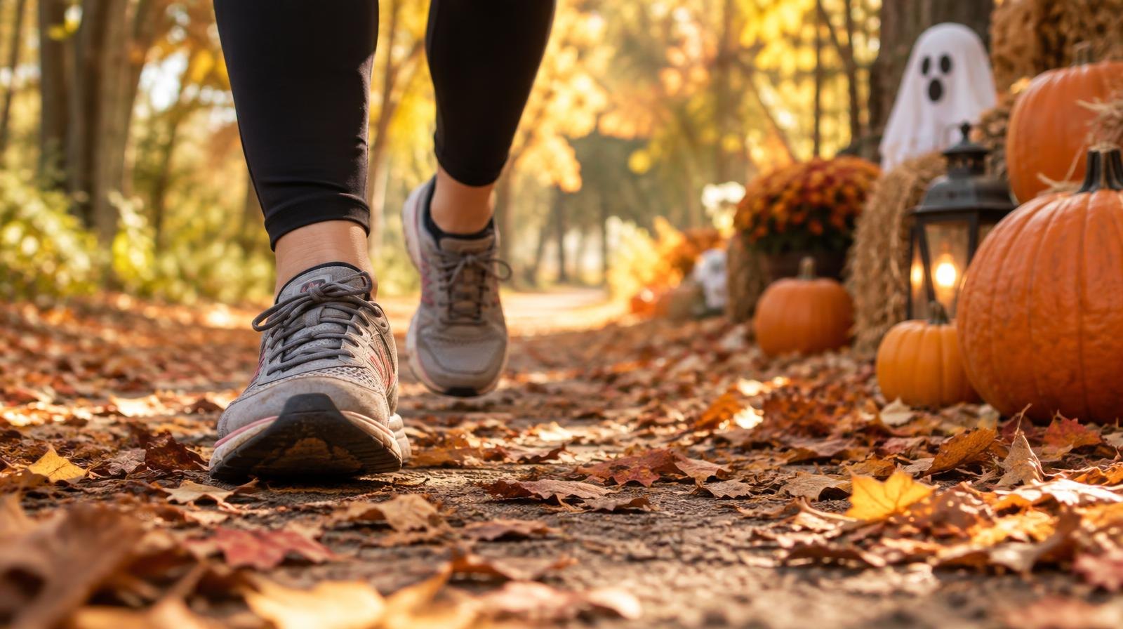 Running shoes on a fall path with small pumpkins and Halloween decorations nearby.