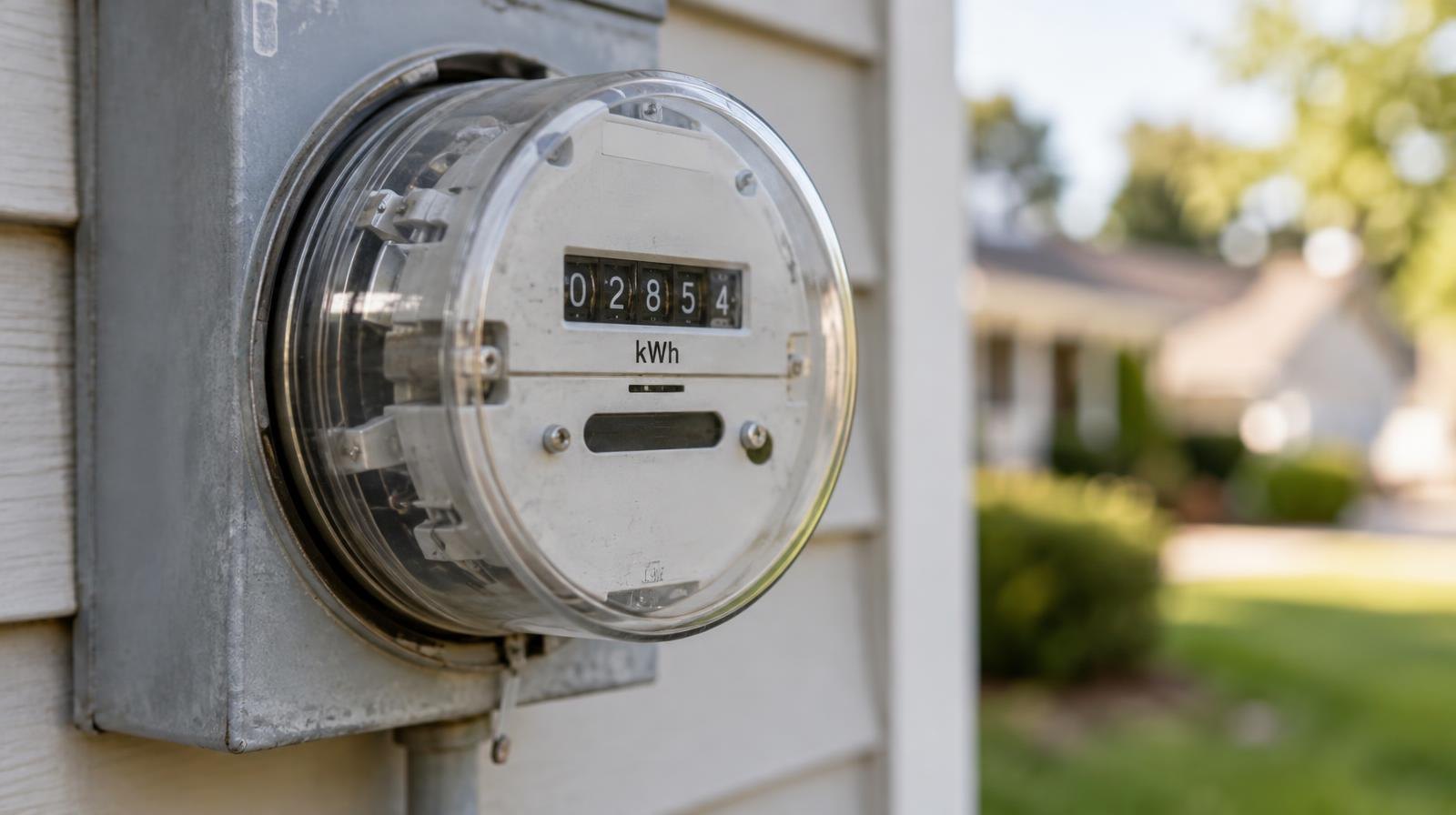 Close-up of a residential electric meter mounted on a house exterior.