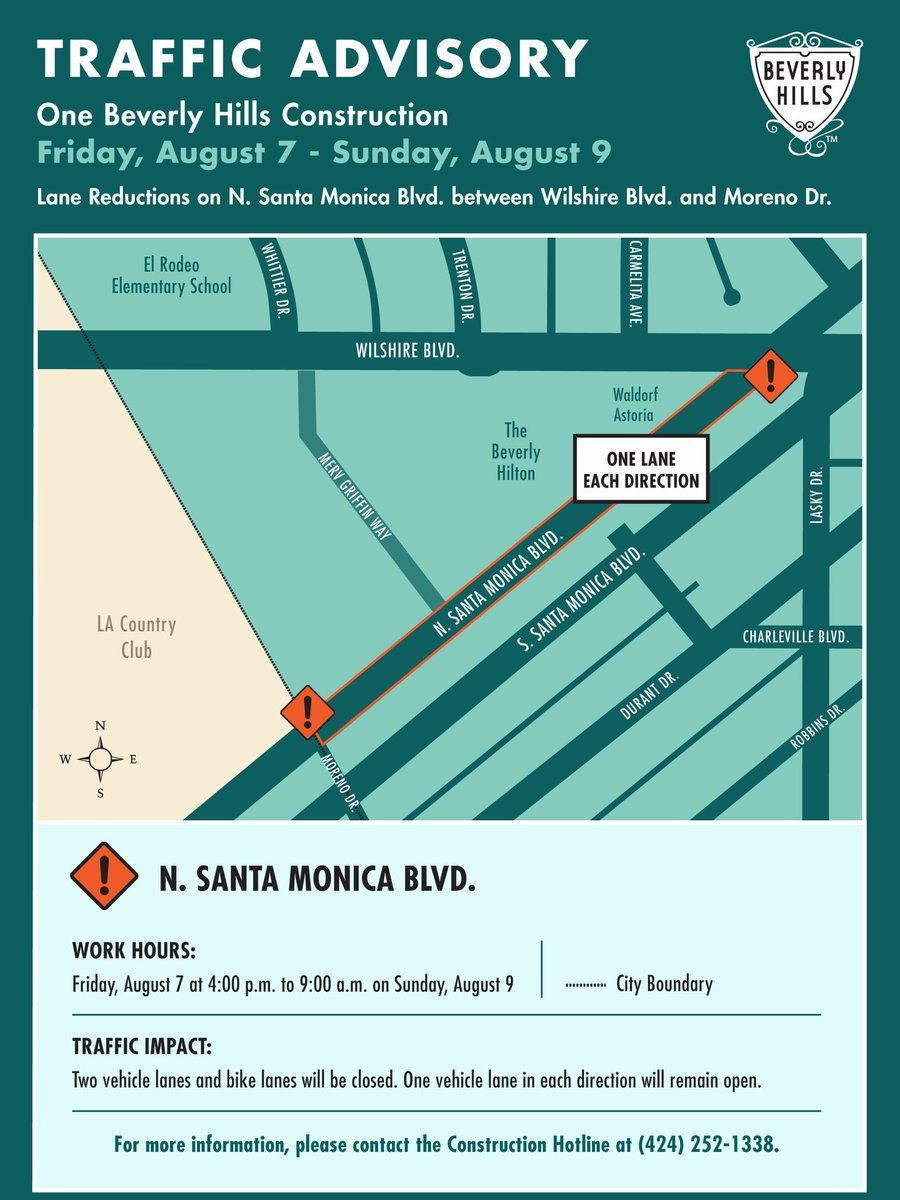 Official traffic advisory flyer showing lane closure map for North Santa Monica Boulevard.