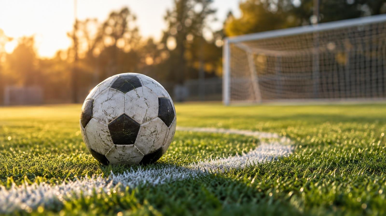 A soccer ball resting on a green grass field with a goal net in the background.