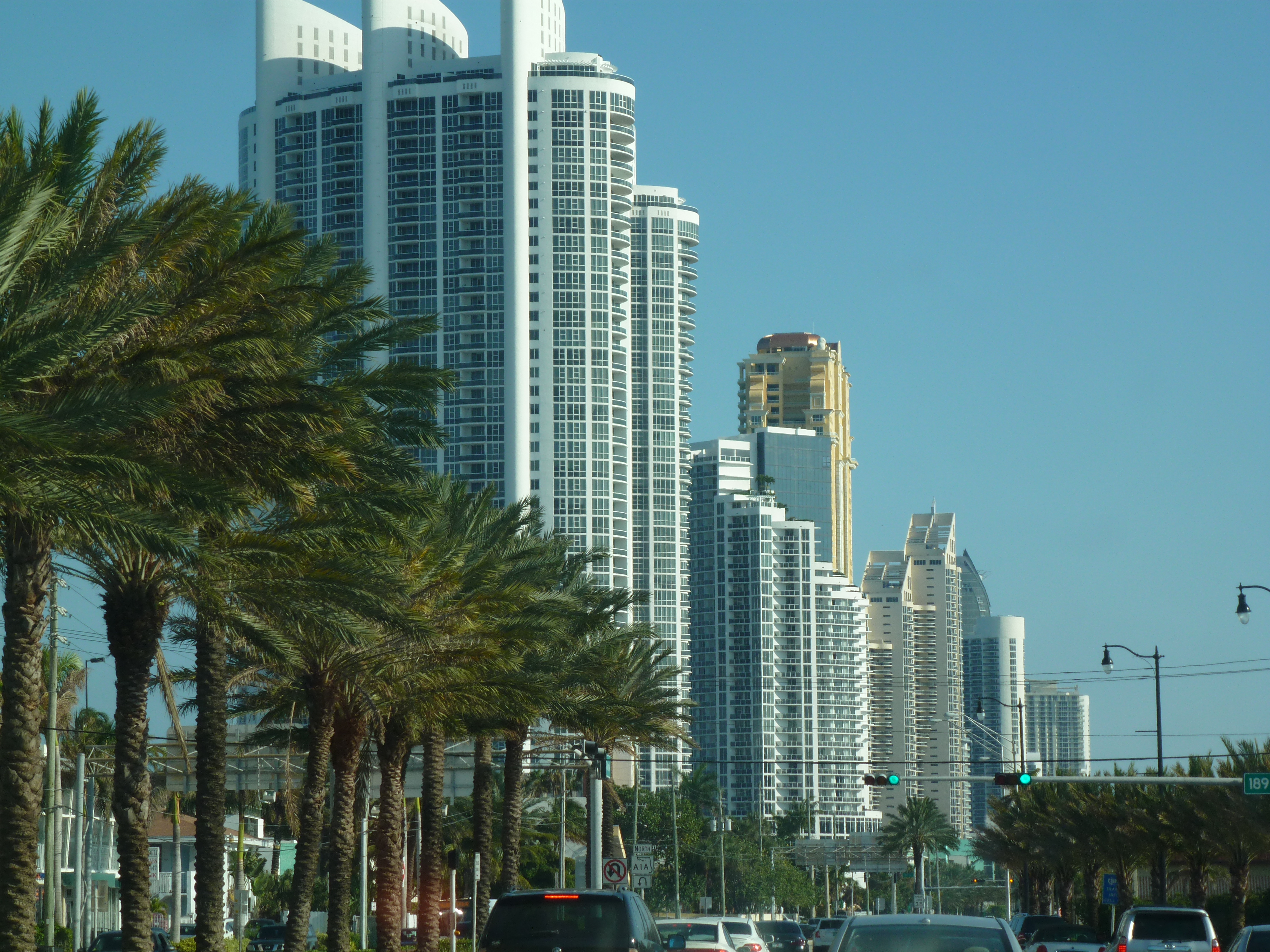 High-rise towers and palm trees lining Collins Avenue in Sunny Isles Beach, Florida.