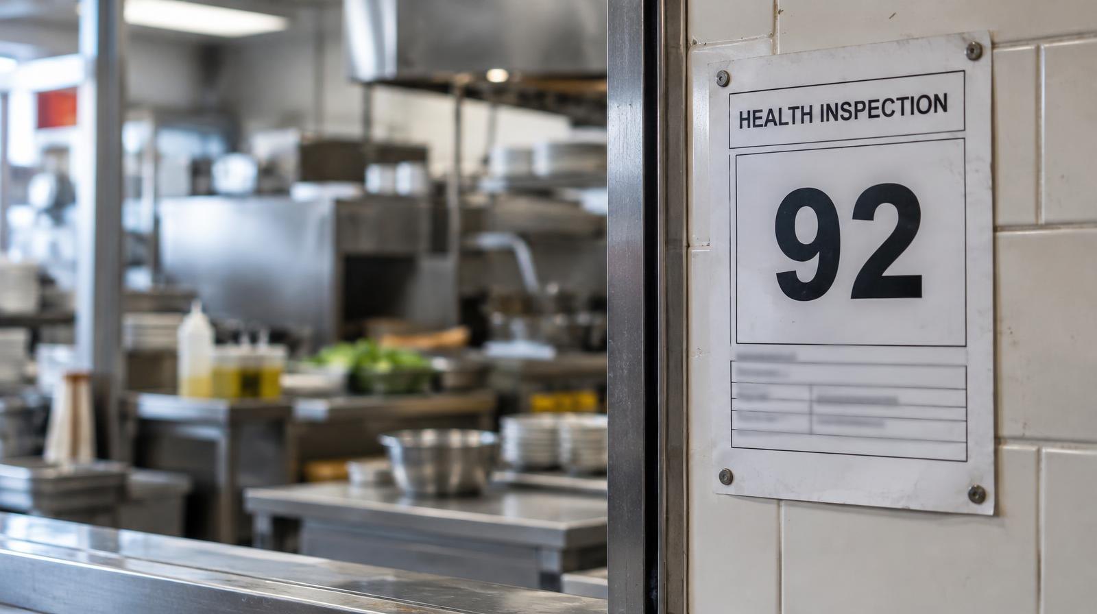 A health inspection score card posted on a wall near a commercial kitchen window.