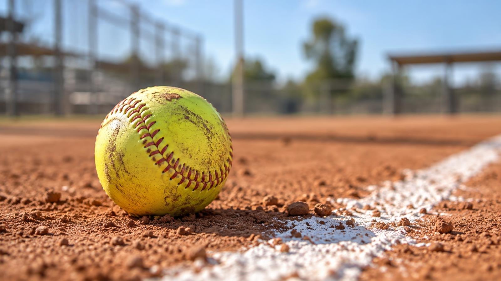 Yellow softball resting on red clay dirt beside a white chalk line.