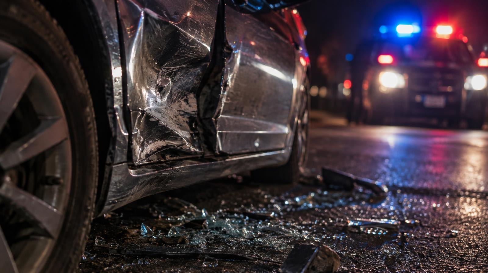 Crumpled car door and broken glass on a dark road illuminated by red and blue lights.