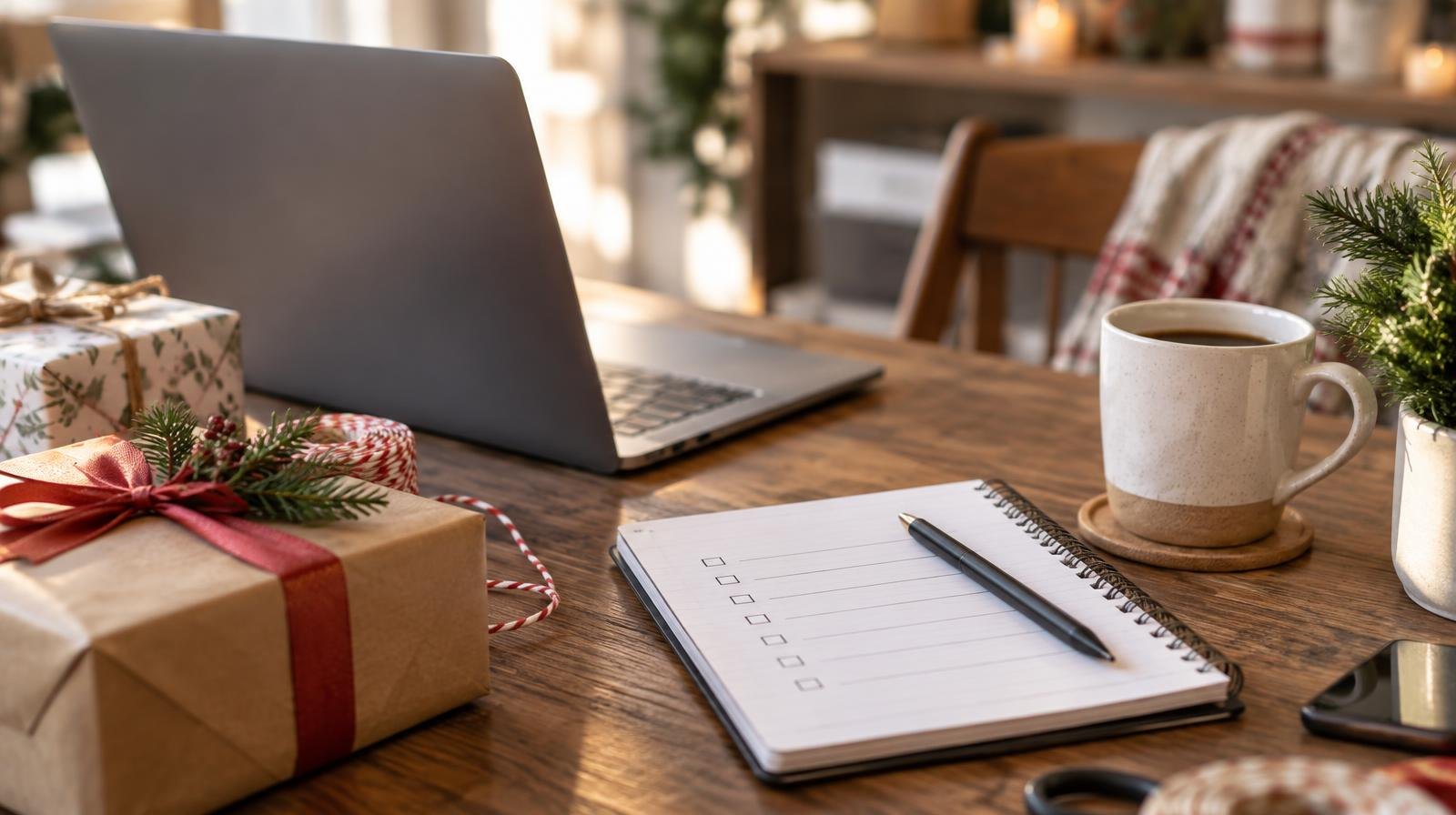 Laptop, small holiday gift boxes, and a notepad with a coffee mug on a wooden desk.