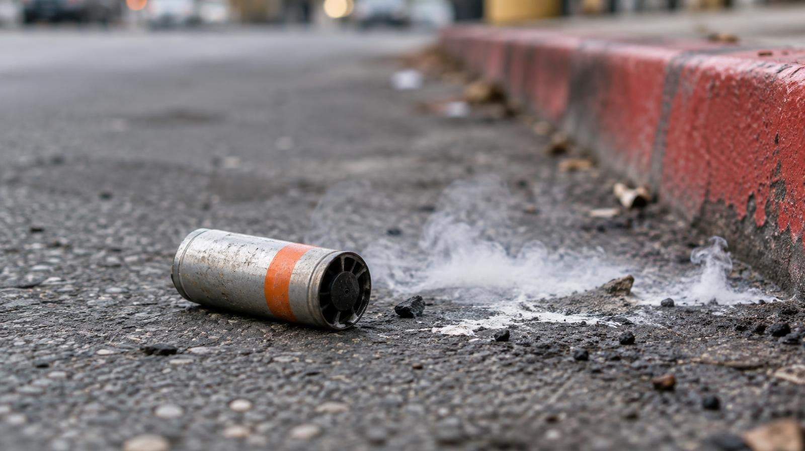 A spent pepper ball canister resting on an empty asphalt street beside a painted curb.