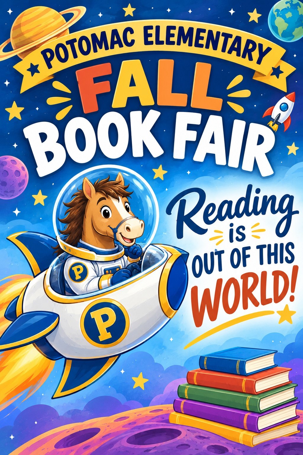 Colorful book fair flyer showing a cartoon horse astronaut riding a rocket in space.