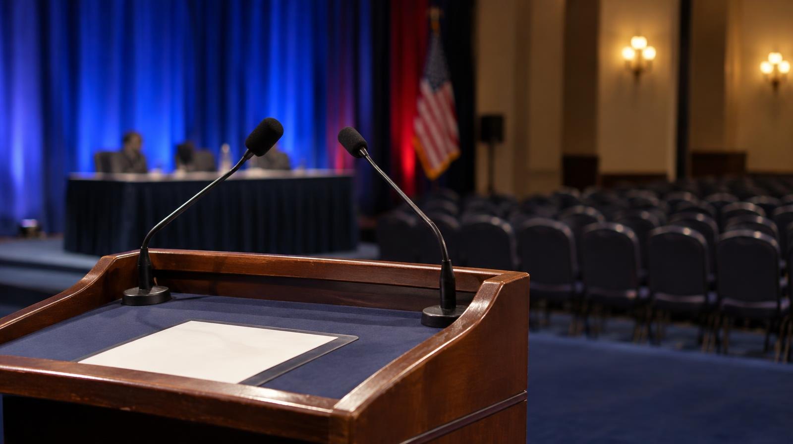 Two podiums with microphones on a stage in an empty auditorium.