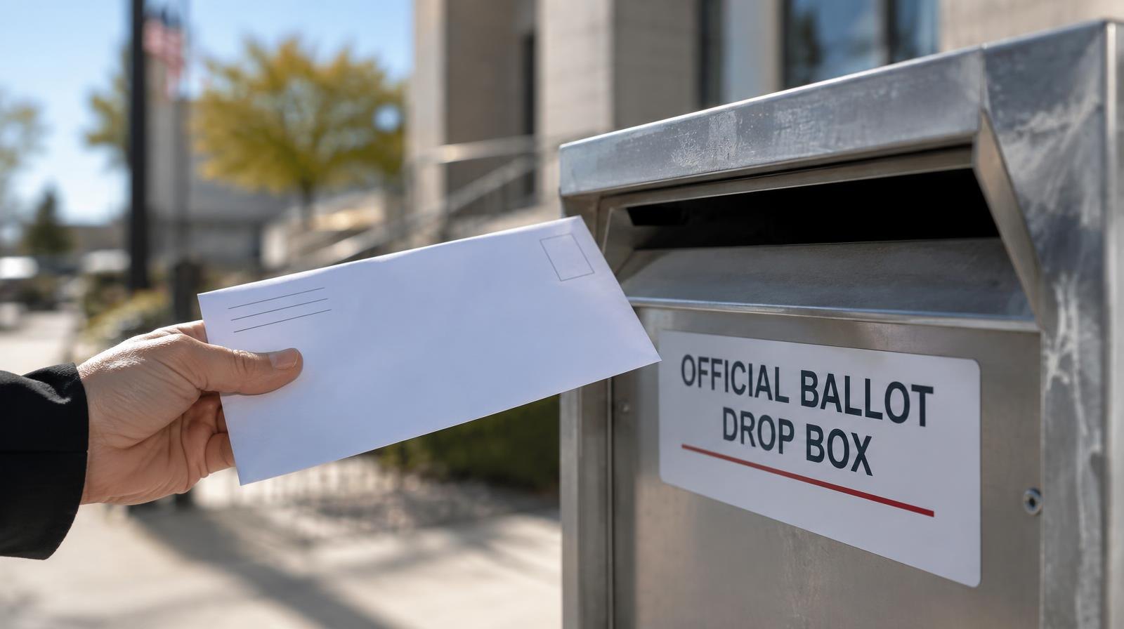 A sealed white envelope next to an official ballot drop box slot outdoors.