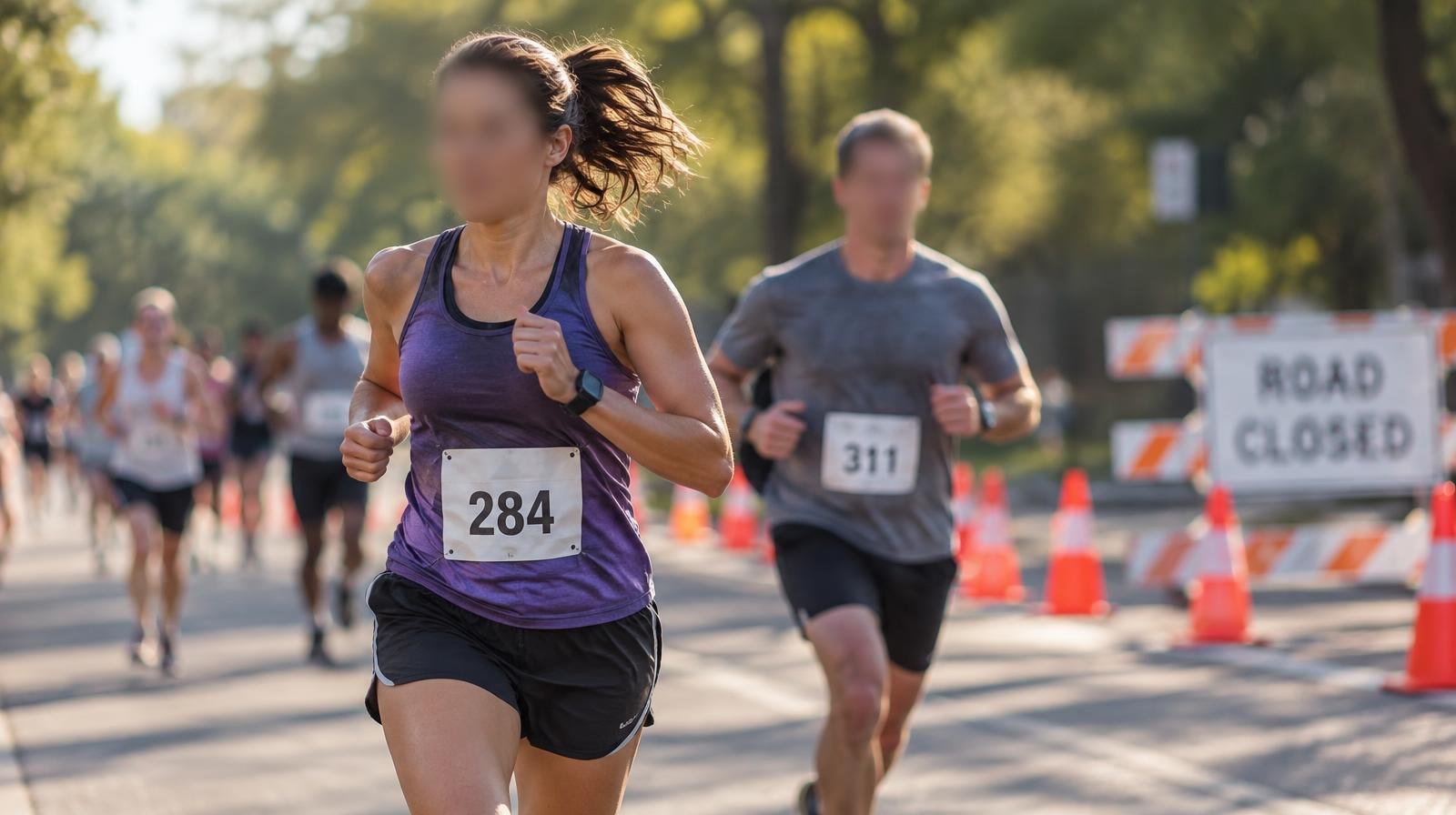 Runners in race bibs jog along a road lined with orange traffic cones and a Road Closed sign.