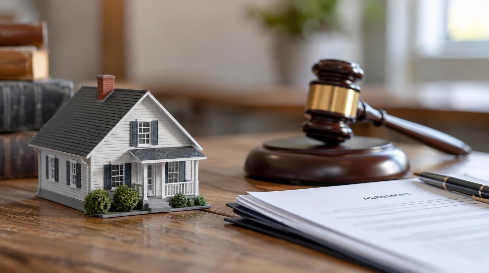 Small model house on a desk next to a wooden gavel and stacked papers.