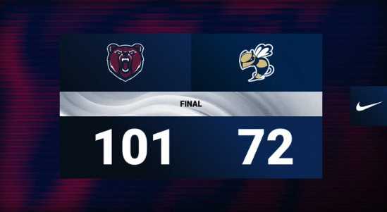 Final-score graphic showing the Berkley Bears logo above 101 and the Detroit Country Day Yellowjackets logo above 72.