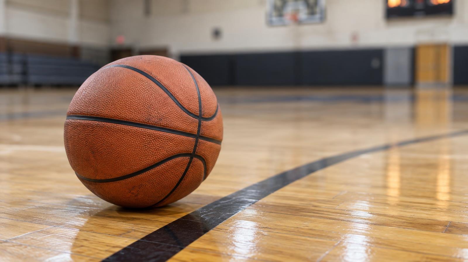 A basketball resting on a hardwood gym floor near a painted court line.