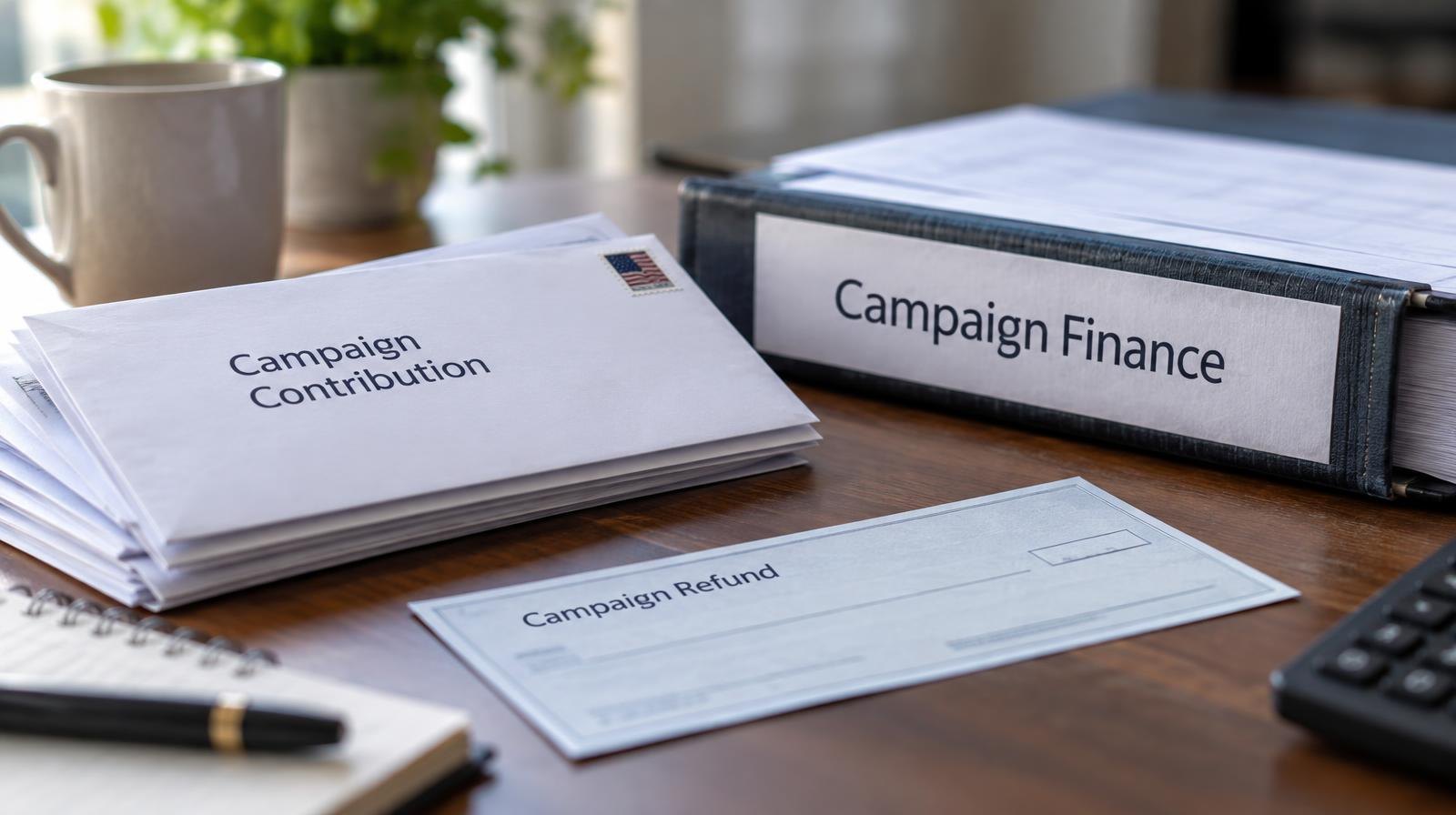 Stack of envelopes and a check beside an open financial ledger on a desk.