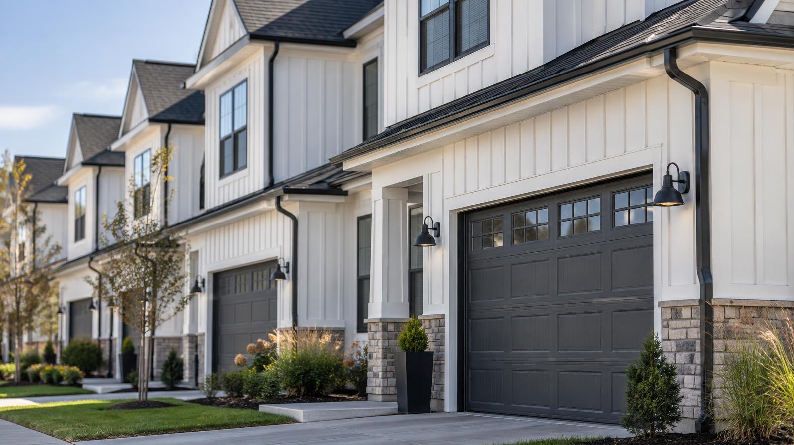 A row of modern farmhouse-style attached townhomes with white siding and black window frames.