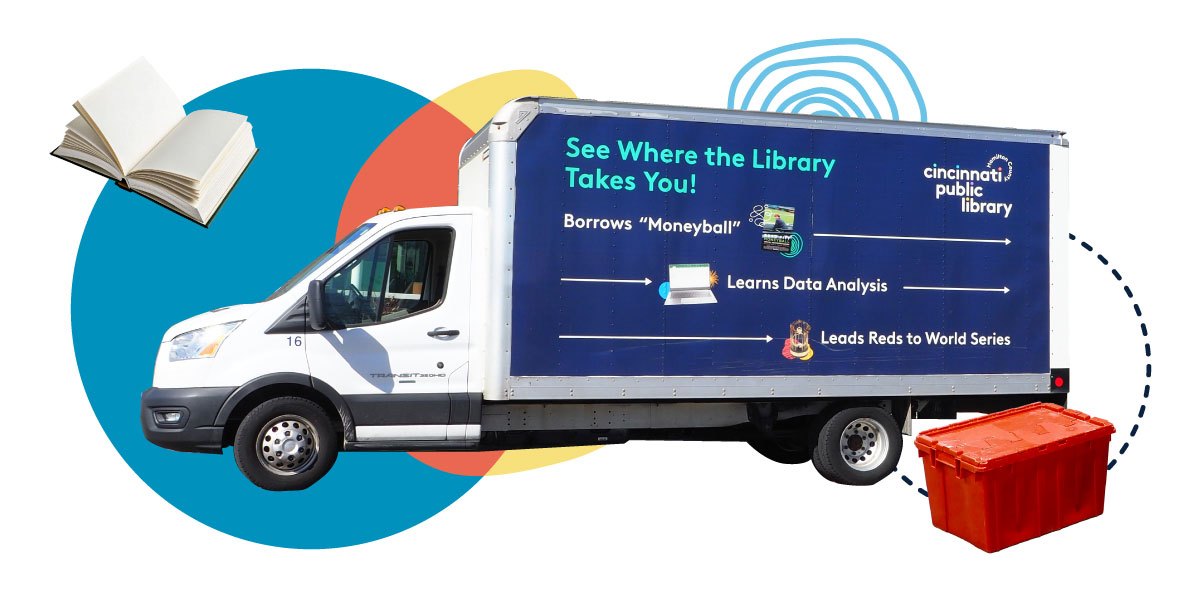 Branded white box truck with Cincinnati Public Library graphics on the side.