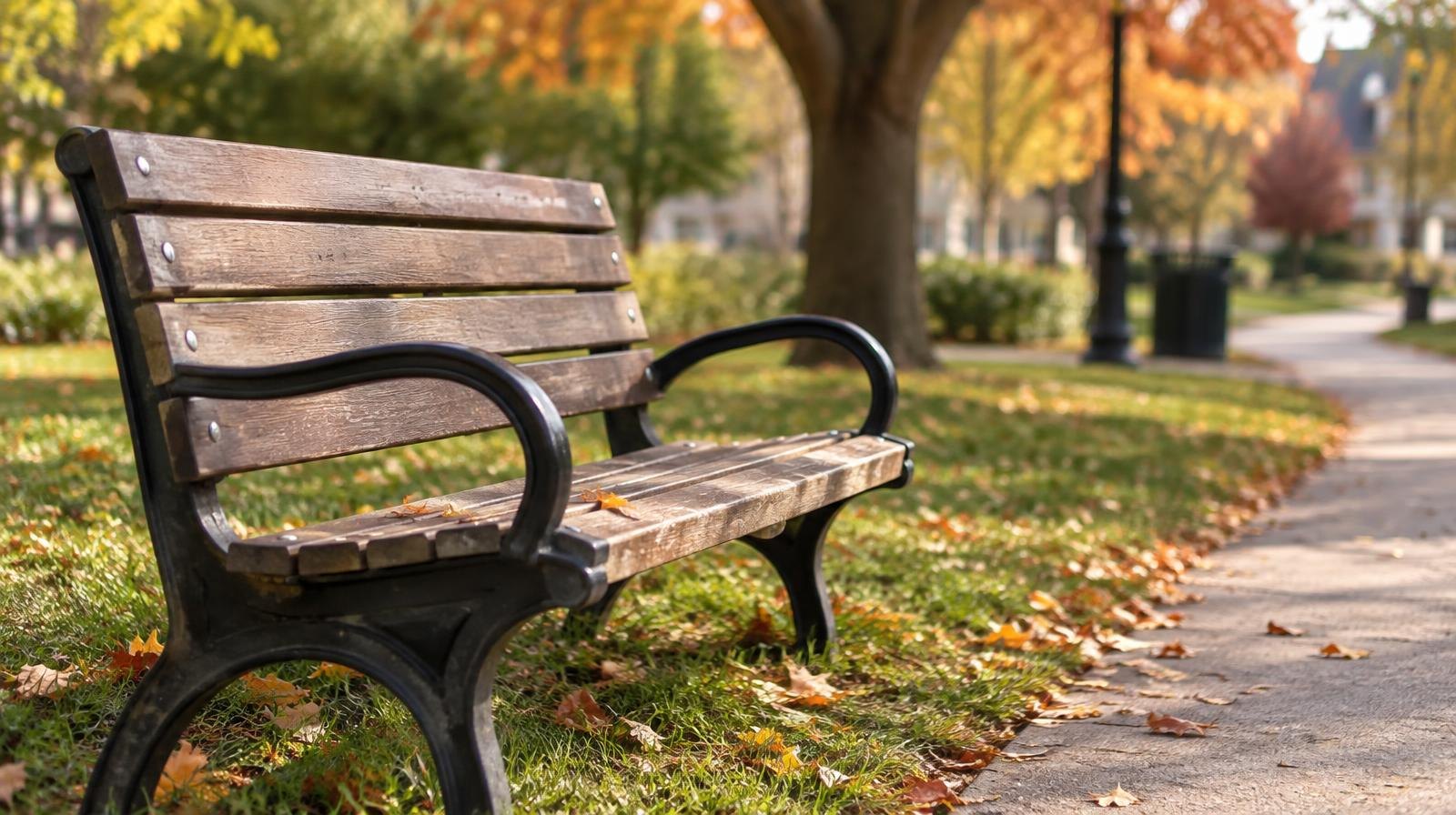 Wooden park bench on a grassy lawn next to a paved walking path.