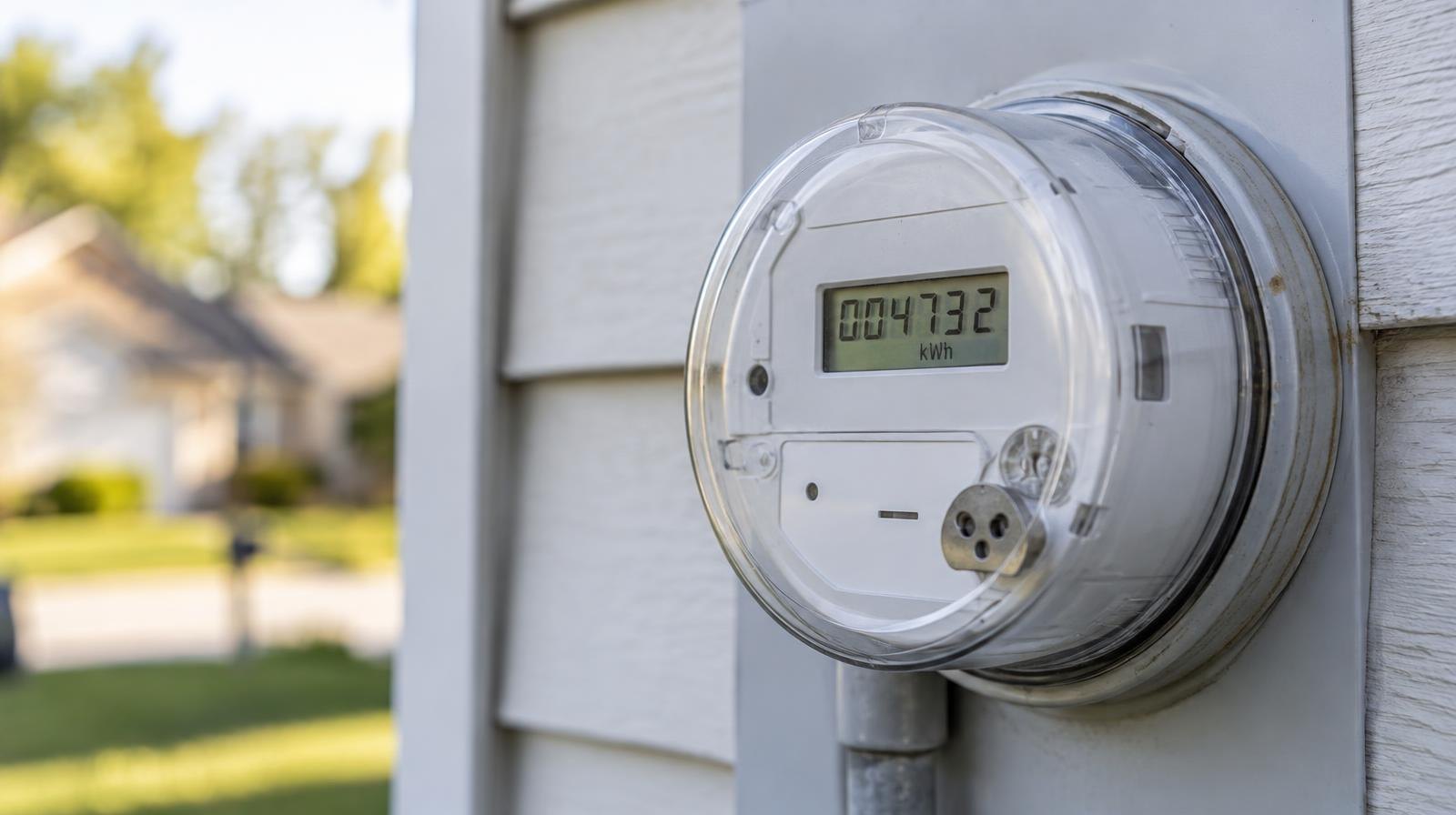 A digital electric meter mounted on the exterior wall of a house.