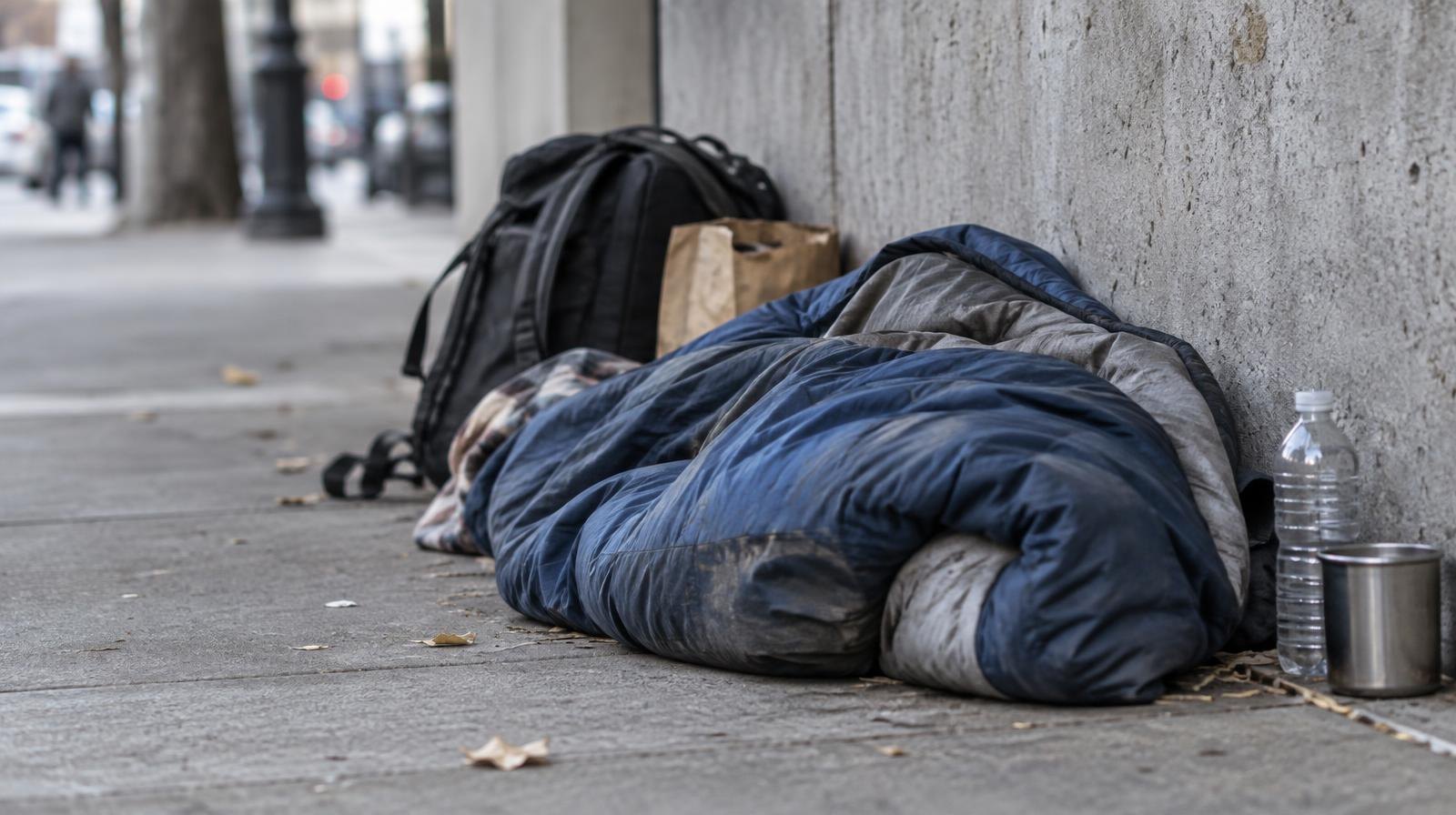 A worn sleeping bag and scattered belongings resting on a concrete sidewalk.