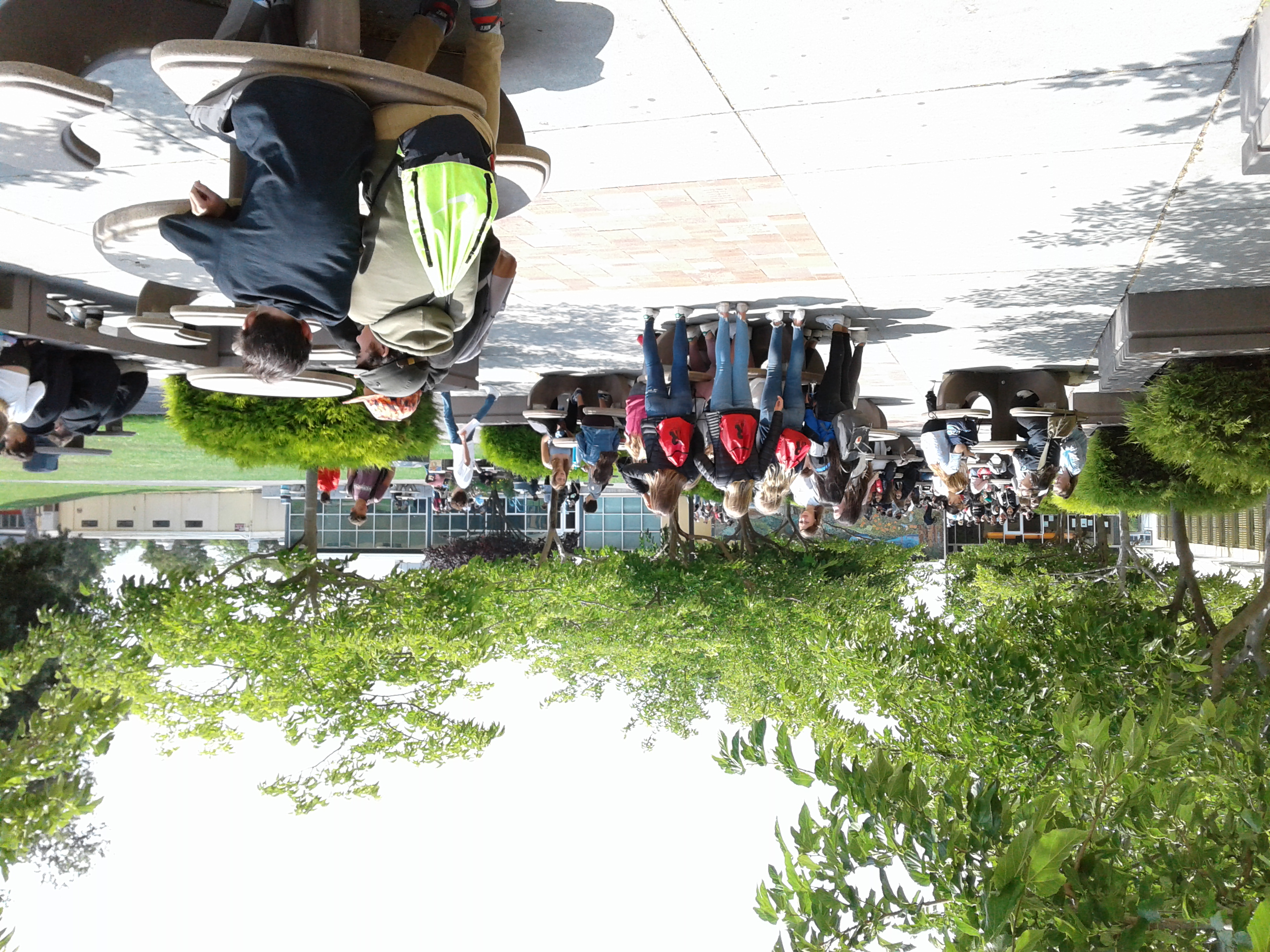 Students seated and standing at picnic tables in a shaded outdoor school courtyard.