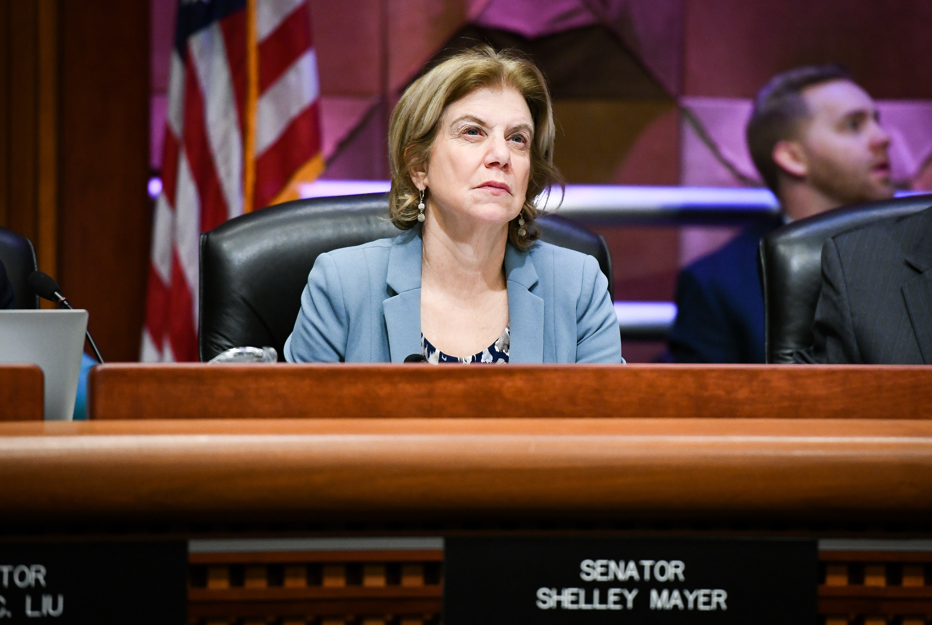Senator seated at a wooden dais with a nameplate and microphone in a hearing room.