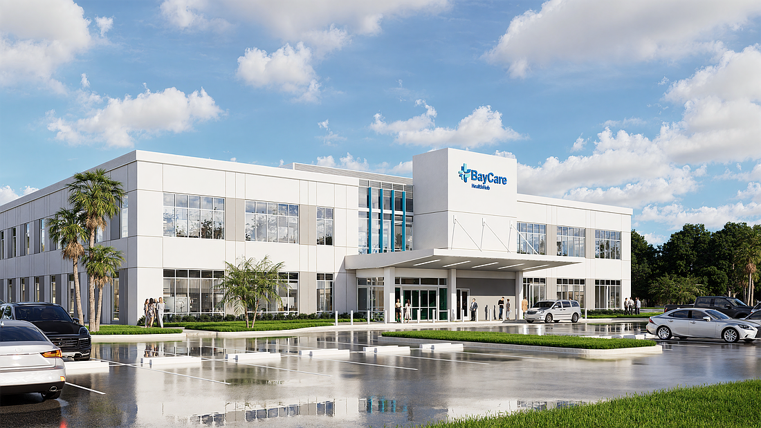 Architectural rendering of a modern three-story white BayCare HealthHub building with palm trees and a circular driveway.