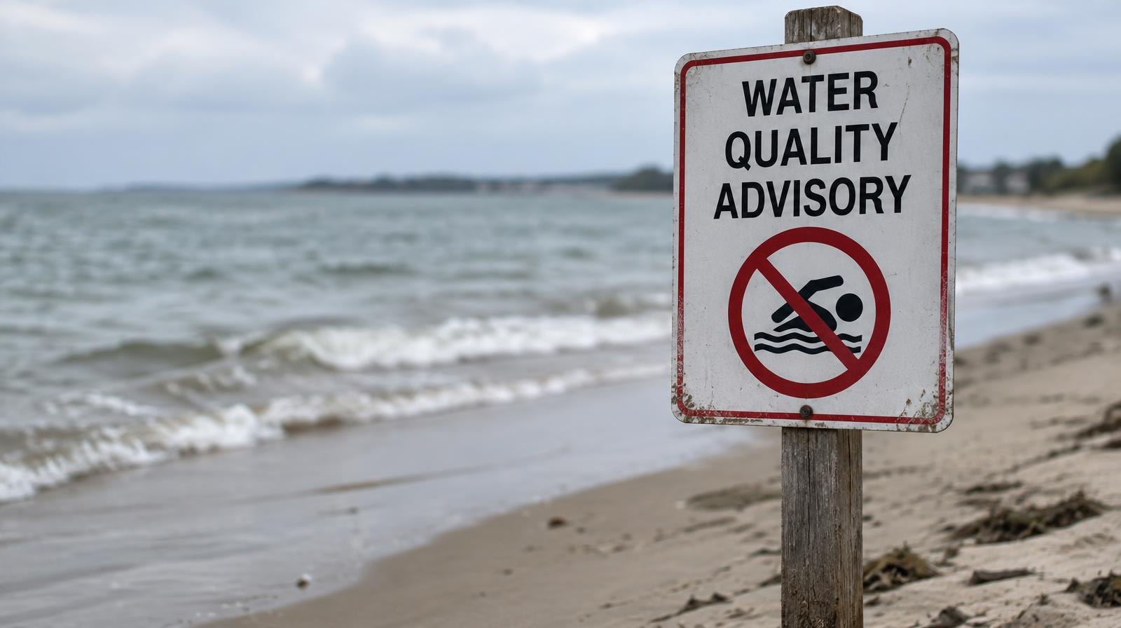 Sandy beach shoreline with small waves and a water quality sign.