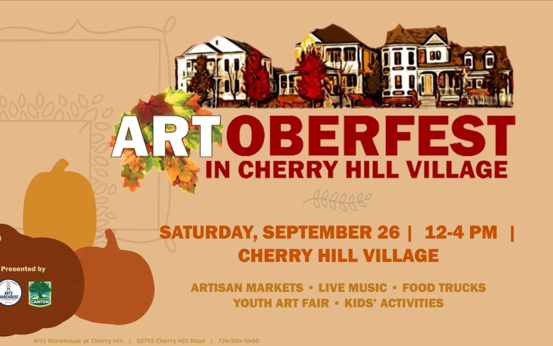 Event flyer with illustrated Victorian buildings, autumn foliage, and pumpkins advertising ARToberfest.