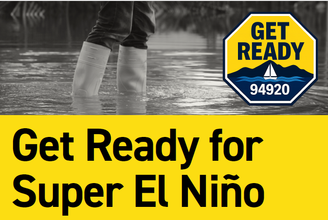 Promotional flyer showing a person in rain boots standing in floodwater, with a yellow Get Ready for Super El Niño banner.
