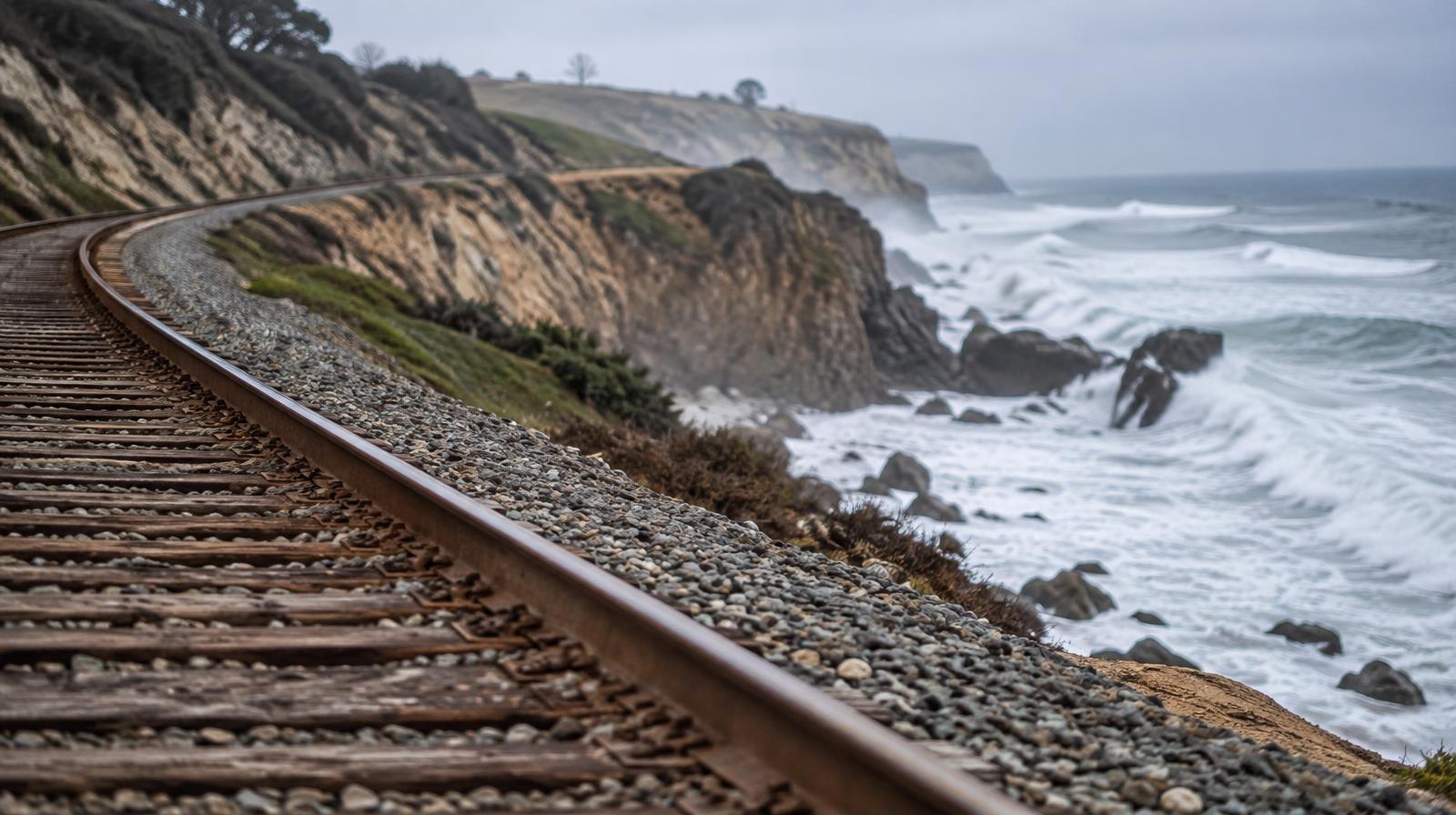Railroad tracks along the edge of a steep coastal bluff above crashing ocean waves.