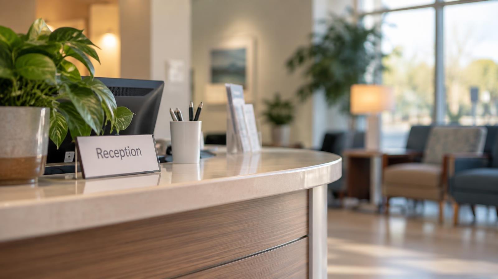 Bright reception desk in a modern healthcare facility lobby with seating and plants.