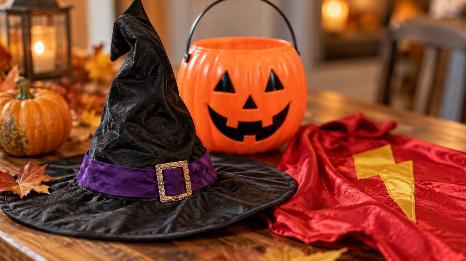 Witch hat, superhero cape, and jack-o'-lantern bucket on a wooden surface.