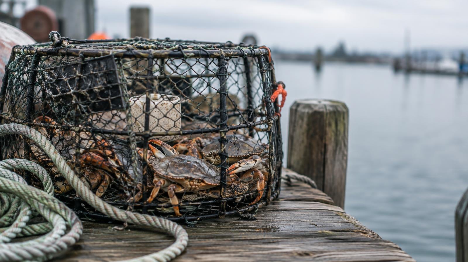 Wire crab trap pot on a wooden dock with coiled rope and calm water below.