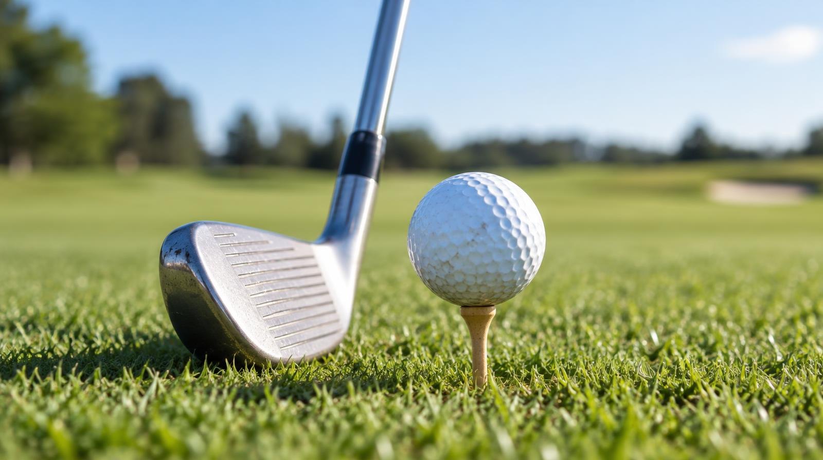 A golf ball on a tee next to an iron club on a green fairway in morning sunlight.
