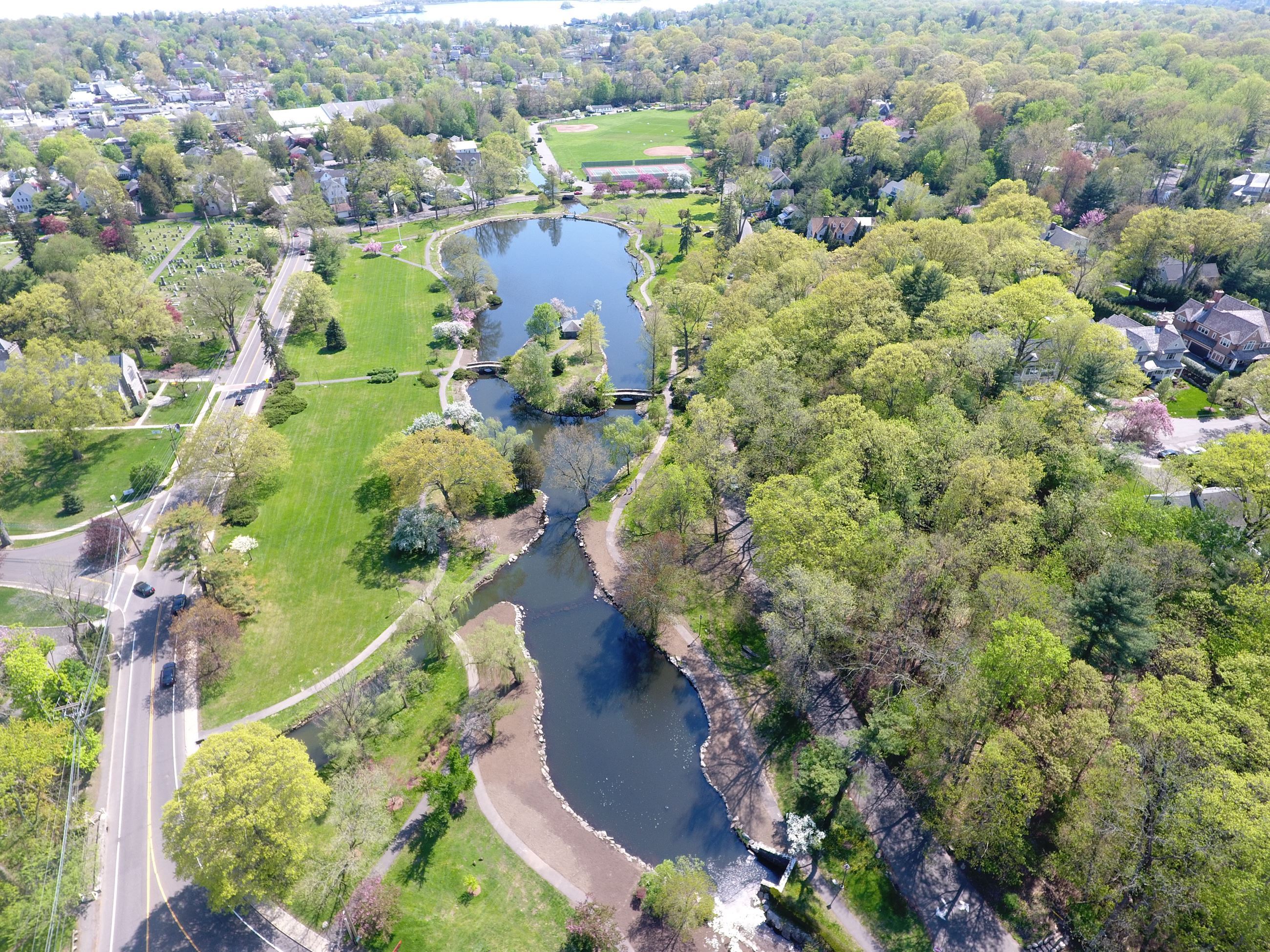 Aerial view of park with pond next to lush greenery.