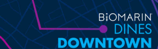 Promotional graphic reading "BioMarin Dines Downtown" in white and blue text against a navy background with a stylized city-map pattern and pink accent line.