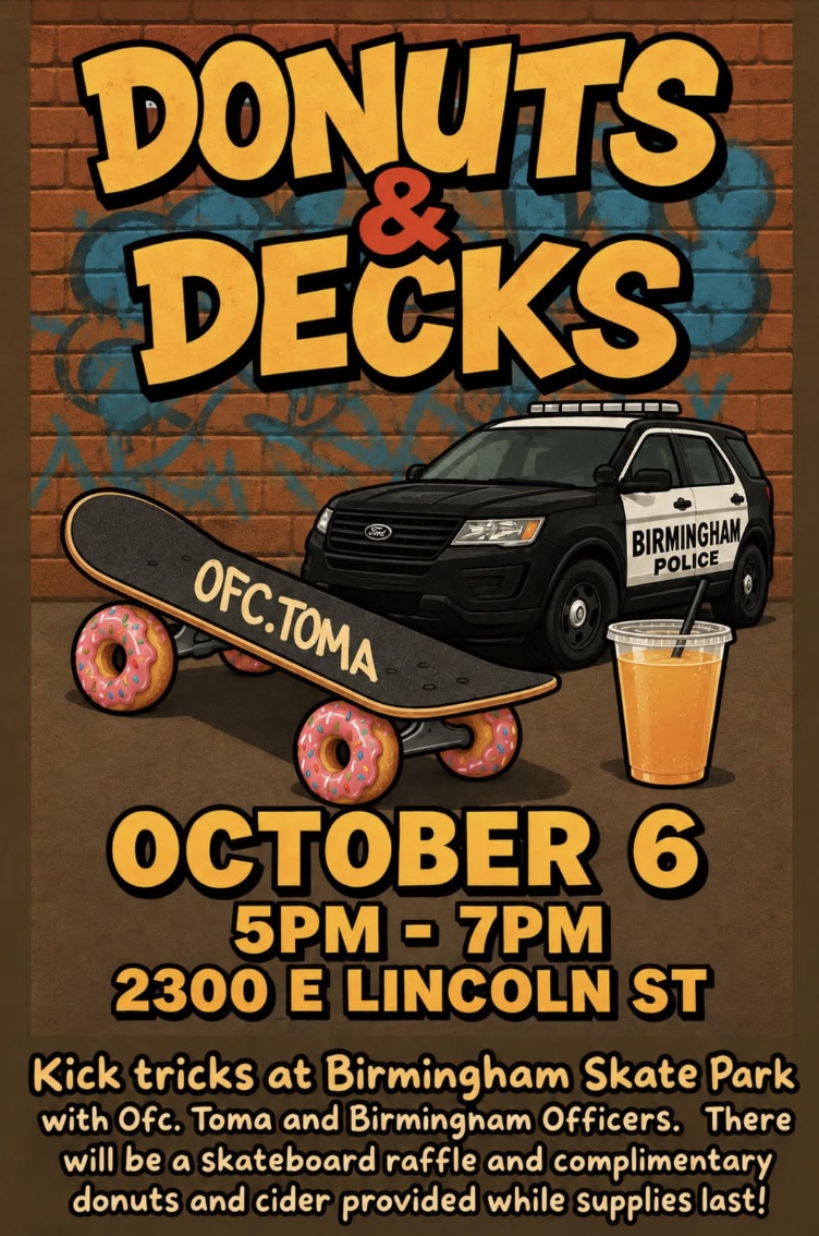 Promotional graphic for Birmingham Police Department’s Donuts & Decks event showing a skateboard, police SUV, donut and cider beneath event details for Oct. 6.