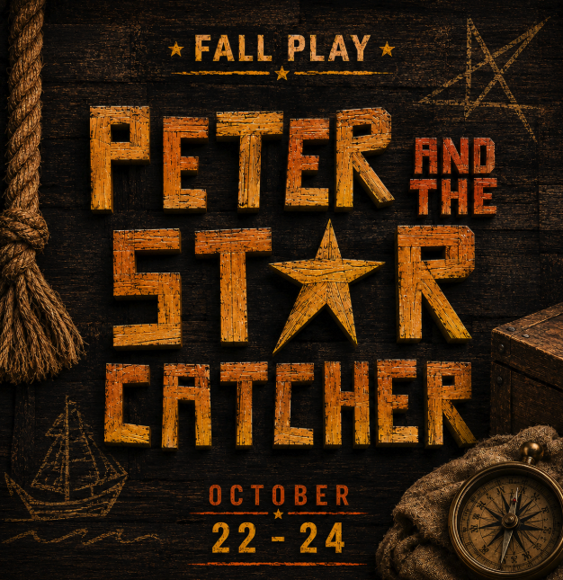 Promotional poster for Burlingame Intermediate School's fall play "Peter and the Starcatcher," with the title in weathered wood-block lettering, a star, rope, ship sketch and compass, and the dates "October 22–24."