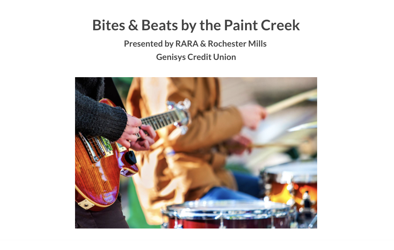 Promotional graphic for "Bites & Beats by the Paint Creek," presented by RARA and Rochester Mills, with Genisys Credit Union, showing a close-up of a guitarist and drummer performing outdoors.