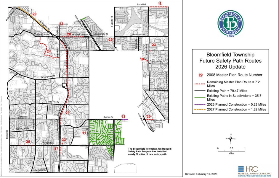 Bloomfield Township map showing existing and planned Jan Roncelli Safety Path routes, with Quarton Road's Route 32 segment marked for 2026 construction near the bottom of the map.