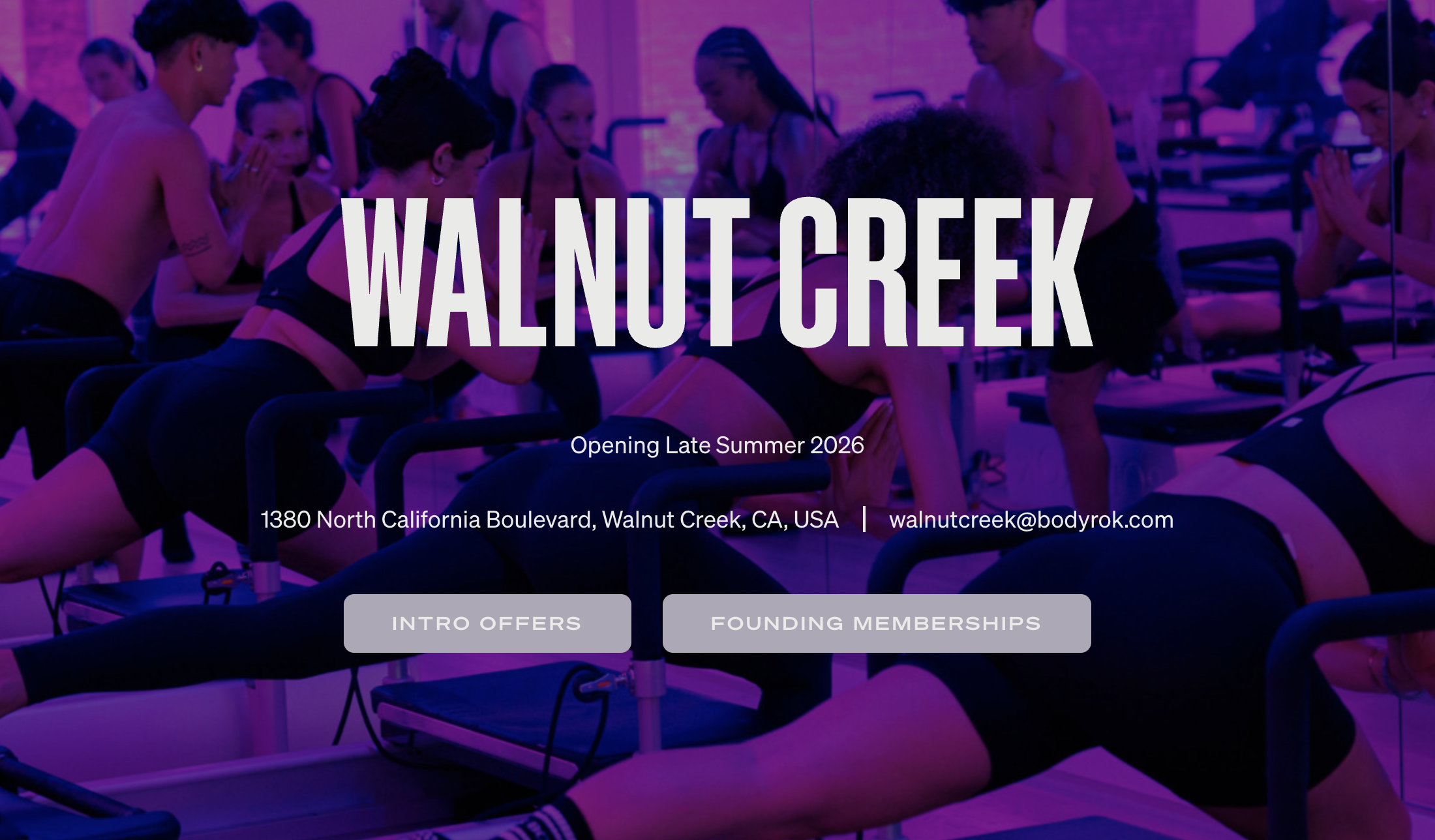 Screenshot of the BODYROK Walnut Creek studio website homepage, showing a Pilates reformer class in the background with the studio's address and membership offer buttons.