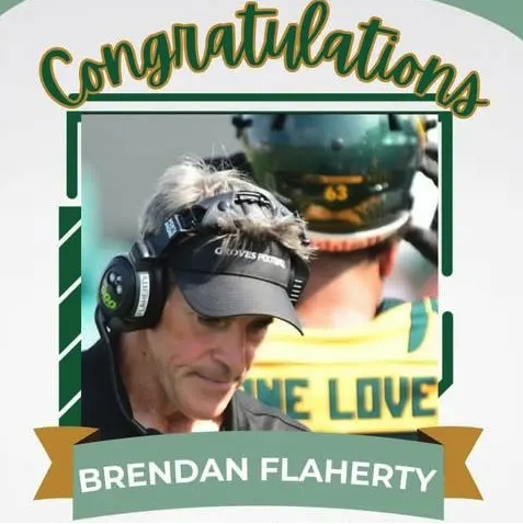 Birmingham Public Schools graphic congratulating Groves head football and unified basketball coach Brendan Flaherty, shown on the sideline, on his Hall of Fame induction.
