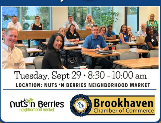 Promotional graphic for the Brookhaven Chamber of Commerce's Coffee & Contacts networking event, showing business professionals seated at tables during a past session, with event details for Tuesday, Sept. 29 at Nuts 'n Berries Neighborhood Market.