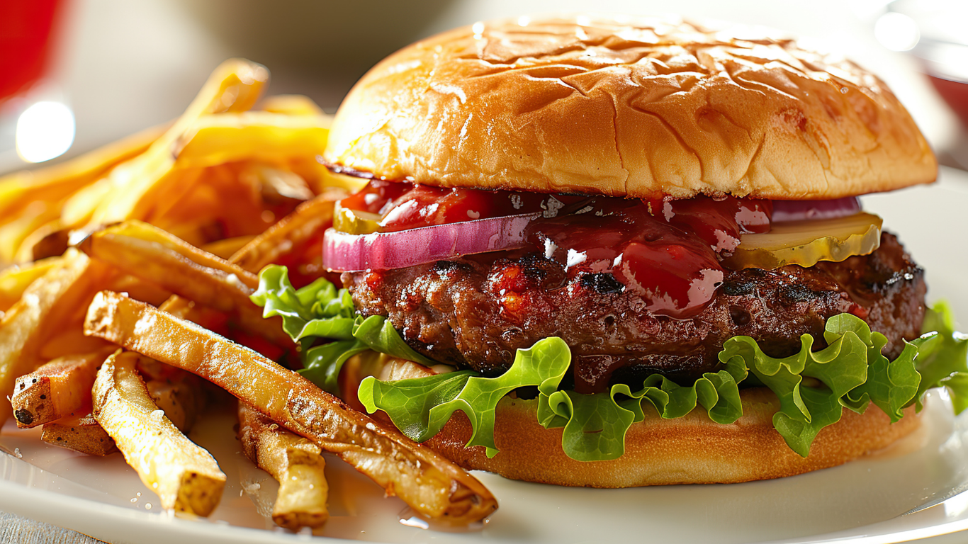 burger and fries meal at restaurant