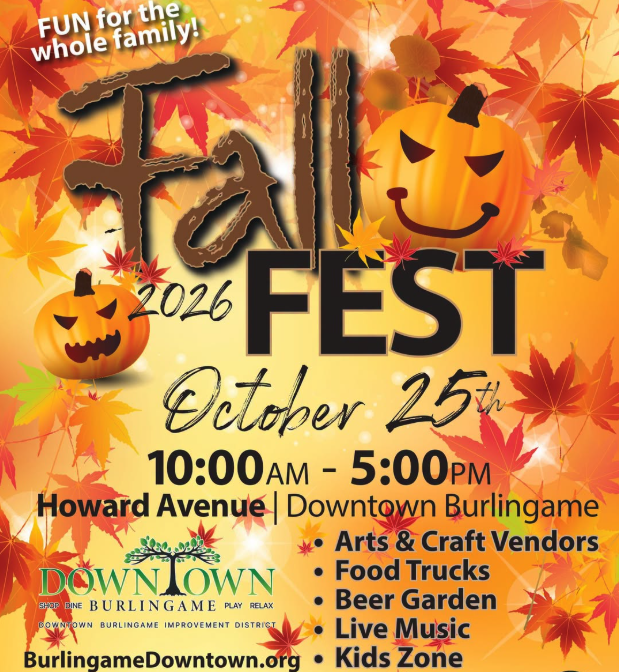 Burlingame Fall Fest flyer with pumpkins, autumn leaves and event details.
