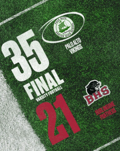 Football score graphic showing Palo Alto 35, Burlingame 21, with both schools’ logos on a green field background.