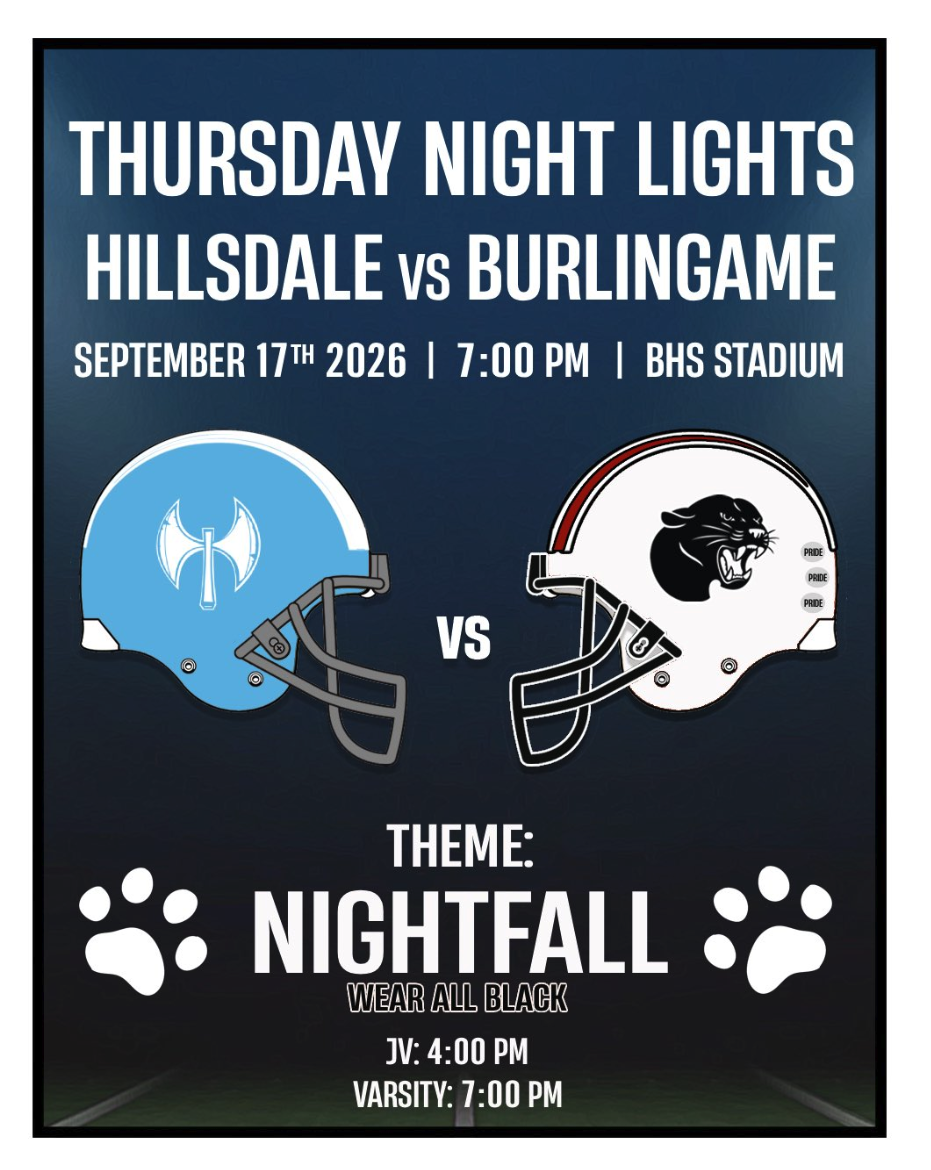 Graphic promoting Thursday Night Lights, Hillsdale versus Burlingame football, September 17, 2026, 7 p.m. at BHS Stadium, showing a light blue Hillsdale helmet and a white Burlingame Panthers helmet facing off, with a "Nightfall" black-out theme announcement and JV/varsity kickoff times below.