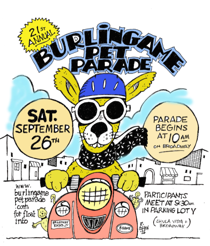Illustrated flyer for the 21st Annual Burlingame Pet Parade, showing a cartoon dog in a helmet and goggles riding a car, with event details for Saturday, Sept. 26.
